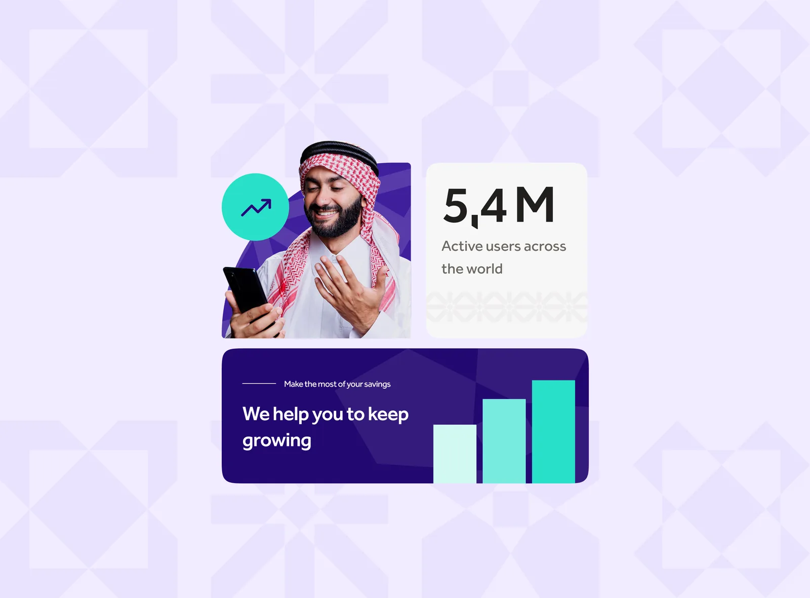 Retail banking app interface — savings growth card and active-users stat