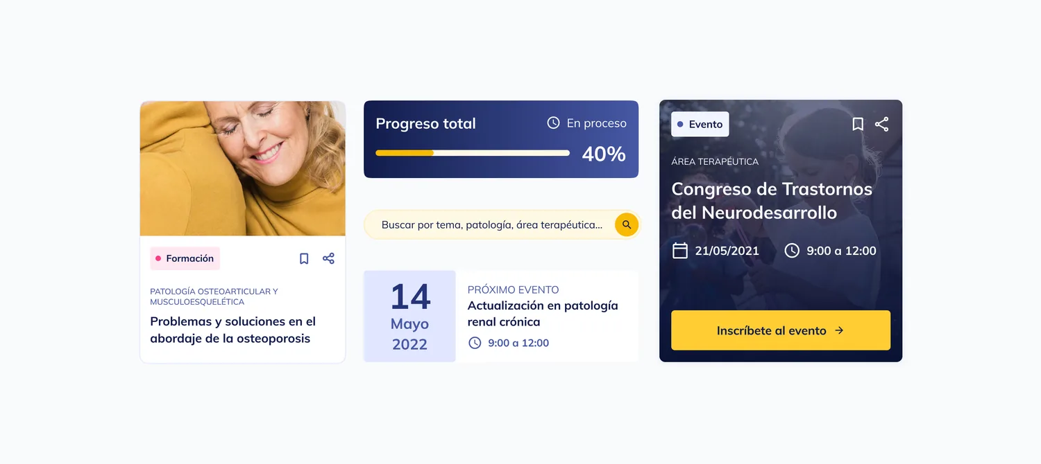 Platform screens: a training content card, a total-progress and search module, and an event card with registration