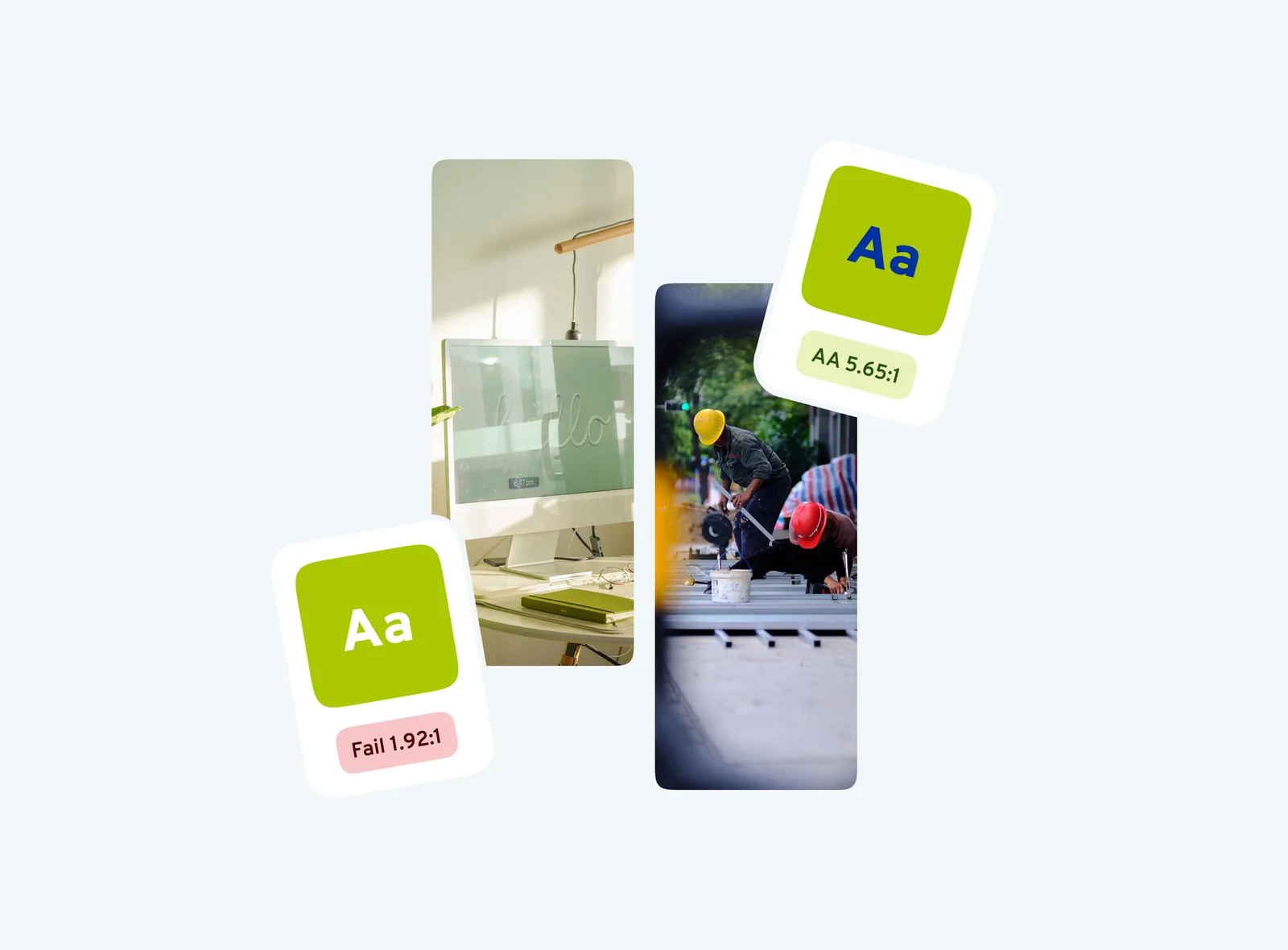 Accessibility contrast checks over workspace and field-worker photos
